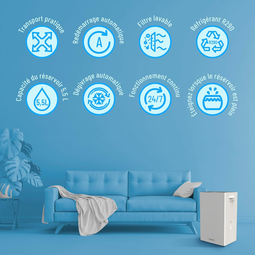 Noaton Déshumidificateur Portable Silencieux, 24L/jour, Minuterie 24h, Réservoir 5,5L, Drainage Continu, avec Dégivrage Automatique, Efficace pour Pièces jusqu'à 45 m², Afficher, Anti Moisissure