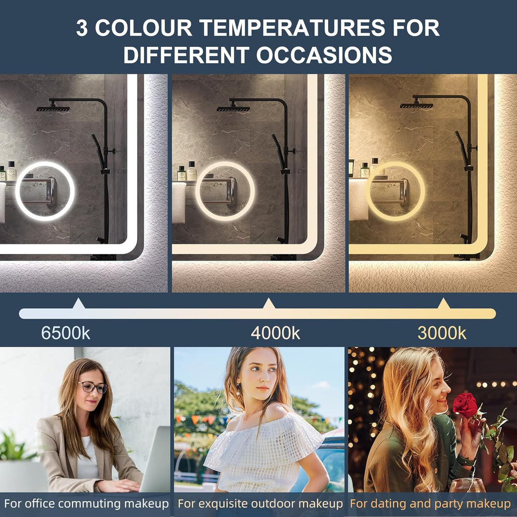 Miroir de salle de bain S'bagno avec éclairage 120 x 70 cm, miroir de salle de bain LED avec Bluetooth et fonction antibuée, intensité variable 3000 K/4000 K/6500 K, mémoire de forme, verre trempé HD, IP44 - Miroirs de salle de bain LED, horizontaux