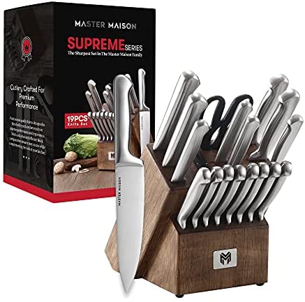 Coffret de couteaux de cuisine haut de gamme 19 pièces avec bloc en bois | Ménagère Master Maison en acier inoxydable allemand avec aiguiseur et 8 couteaux à steak