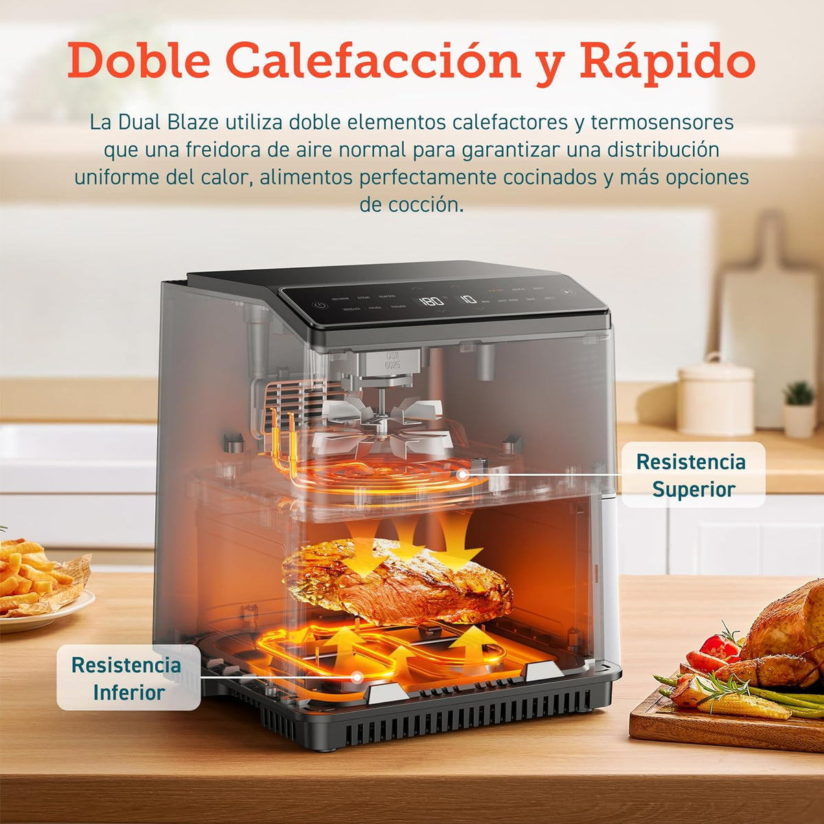 Friteuse à air sans huile COSORI 6,4 L, double chauffage, sans remuer ni préchauffer, avec recettes en espagnol et 12 programmes, gris foncé, modèle CAF-P583S