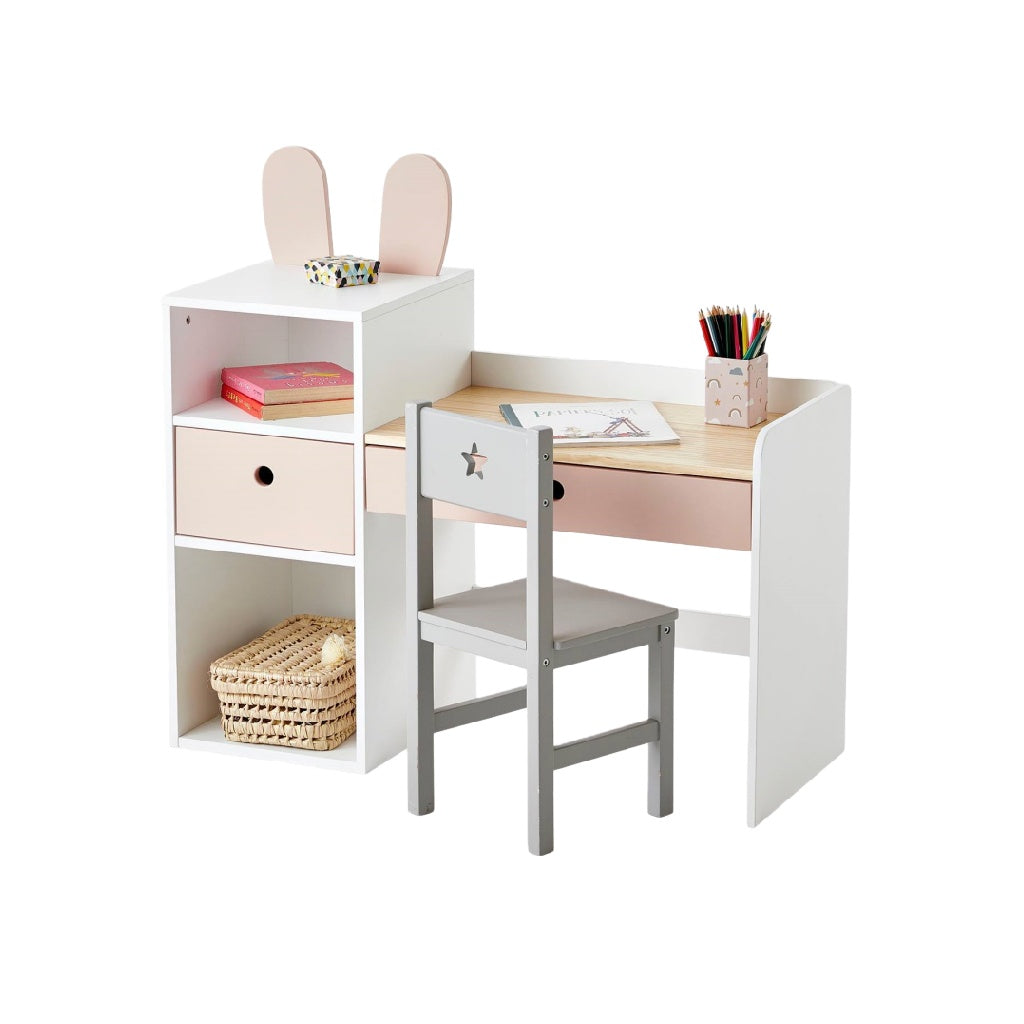 Ensemble bureau et chaise enfant avec étagère et tiroirs – design rose et bois clair