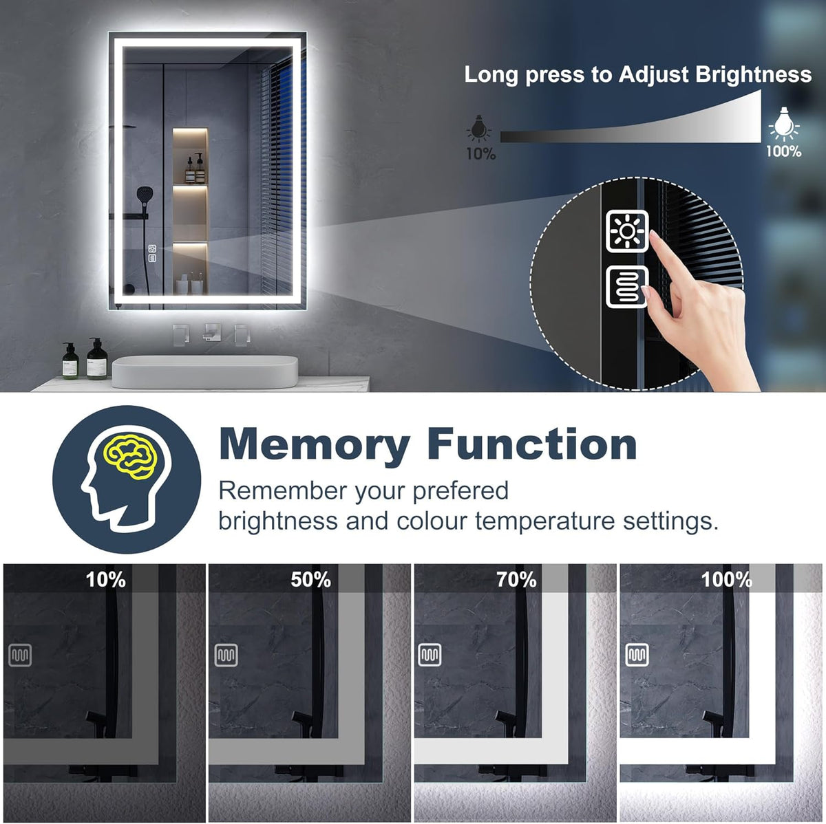 Miroir de salle de bain S'bagno avec éclairage 120 x 70 cm, miroir de salle de bain LED avec Bluetooth et fonction antibuée, intensité variable 3000 K/4000 K/6500 K, mémoire de forme, verre trempé HD, IP44 - Miroirs de salle de bain LED, horizontaux