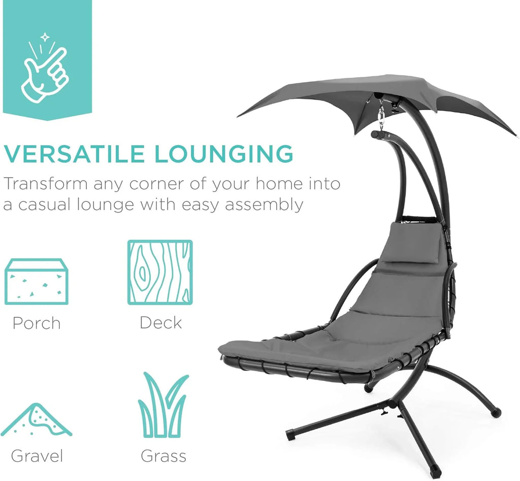 Chaise longue suspendue d'extérieur Best Choice Products – Fauteuil à bascule incurvé en acier avec coussin intégré et auvent amovible – Gris anthracite