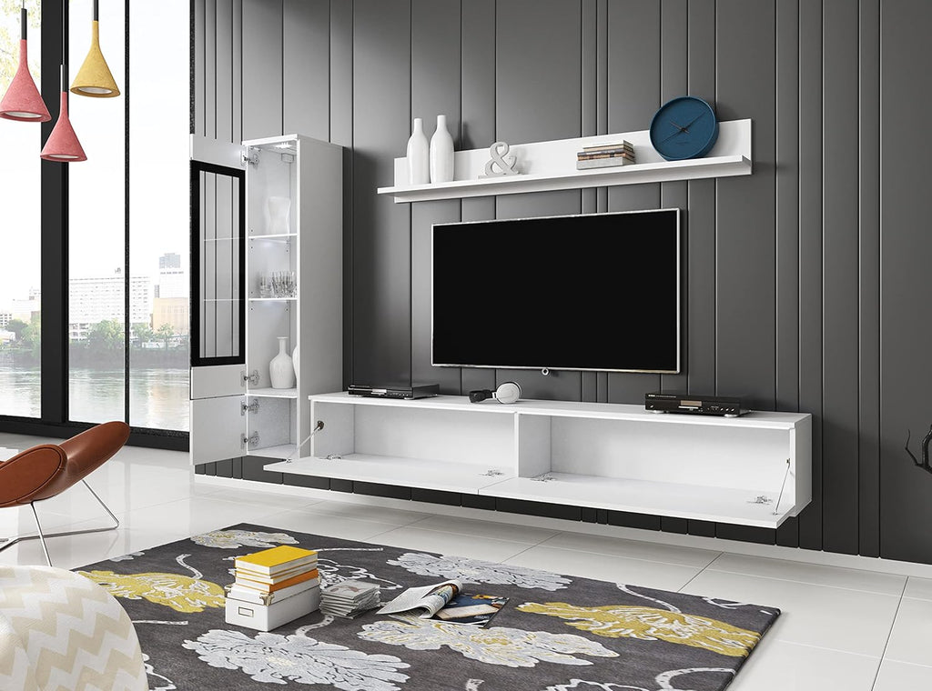 Ensemble de salon Piaski Vera I, éclairage LED en option, couleurs variées (béton/blanc brillant, sans éclairage LED)