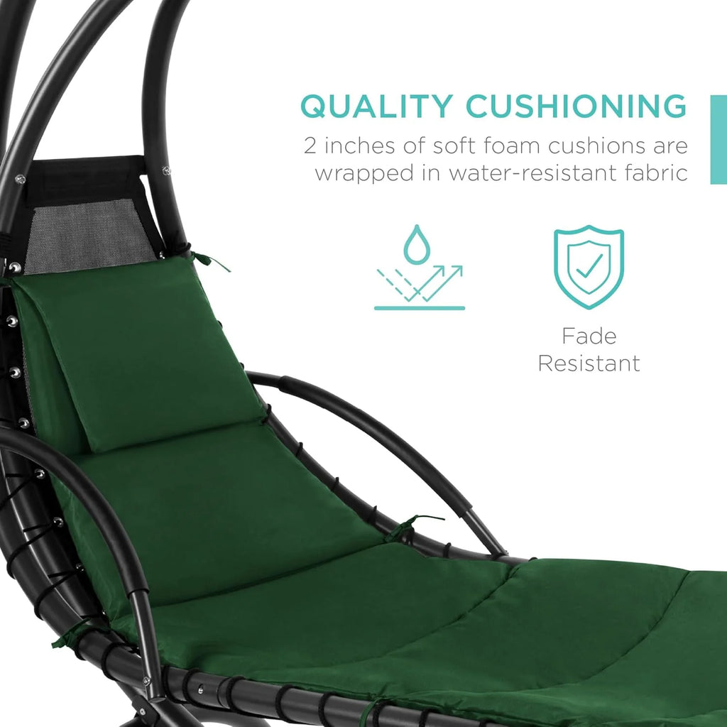 Chaise longue suspendue d'extérieur Best Choice Products – Fauteuil à bascule incurvé en acier avec coussin intégré et auvent amovible – Gris anthracite