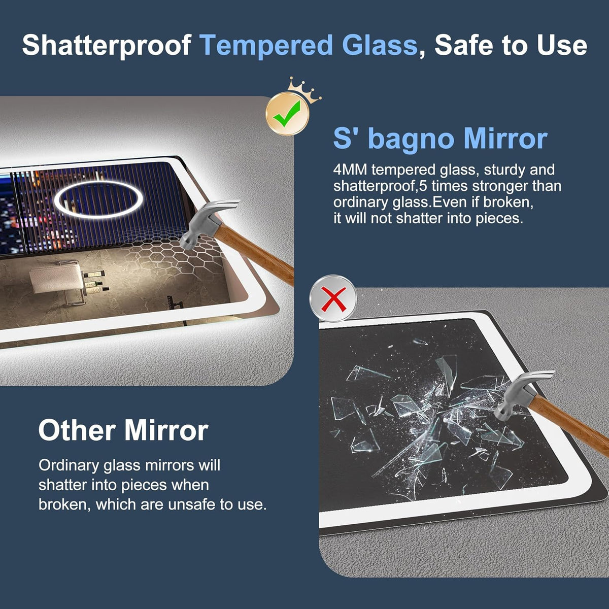 Miroir de salle de bain S'bagno avec éclairage 120 x 70 cm, miroir de salle de bain LED avec Bluetooth et fonction antibuée, intensité variable 3000 K/4000 K/6500 K, mémoire de forme, verre trempé HD, IP44 - Miroirs de salle de bain LED, horizontaux