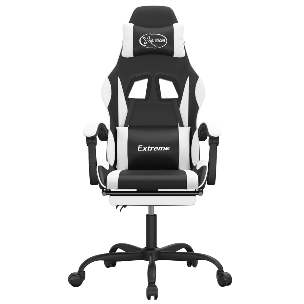 Chaise de jeu 2025 avec repose-pieds pivotant, similicuir noir et blanc V8635