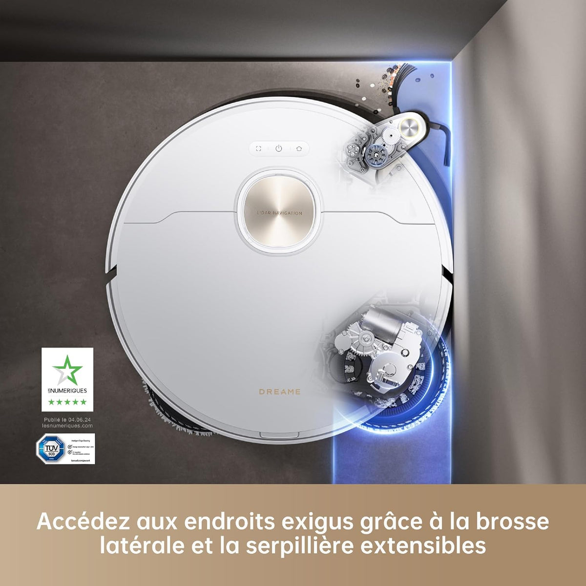Dreame X40 Ultra Complete Robot Aspirateur avec Serpillière amovible et relevable, Brosse latérale surélevée,12 000 Pa,Serpillière et la Plaque de lavage avec de l'eau chaude à 70°C,Brosses relevables