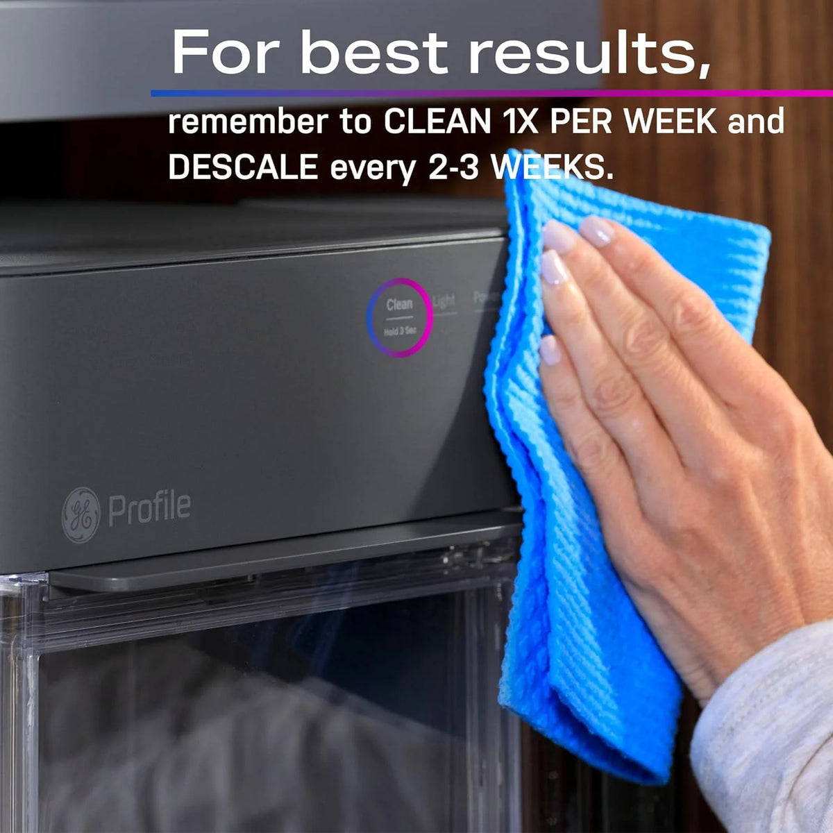 Machine à glaçons GE Profile Opal 2.0 (2025) – Format pépites, trémie de 2,8 litres (0,75 gallon). Acier inoxydable.