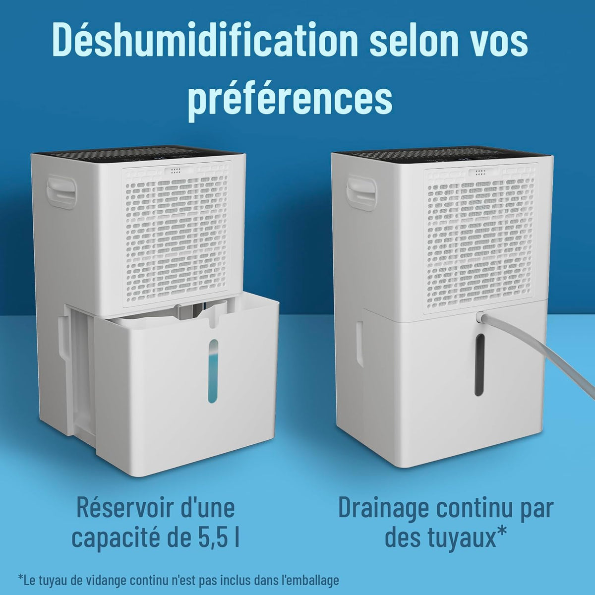 Noaton Déshumidificateur Portable Silencieux, 24L/jour, Minuterie 24h, Réservoir 5,5L, Drainage Continu, avec Dégivrage Automatique, Efficace pour Pièces jusqu'à 45 m², Afficher, Anti Moisissure