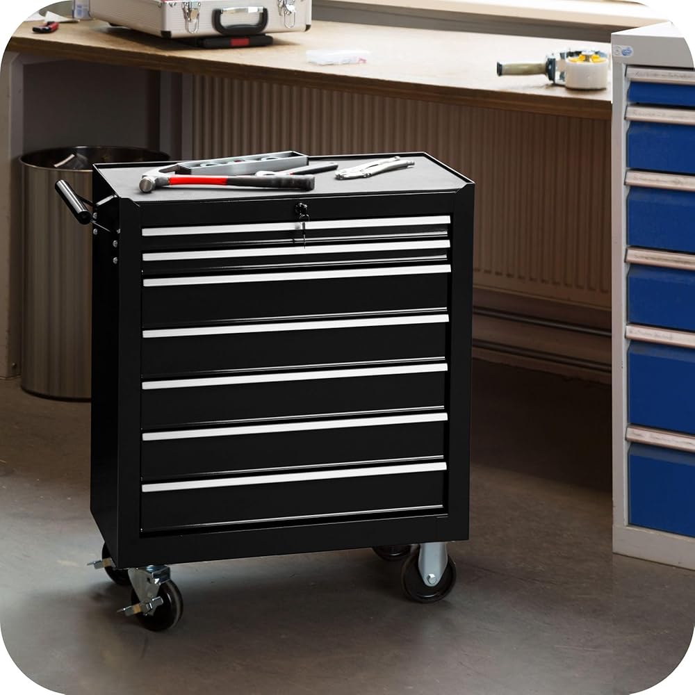TecTake® Chariot d'atelier Metallique Servante d'atelier Vide Trolley Professionnel 7 Tiroirs spacieux Verrouillables Chariot a Roulette pour Rangement Atelier Garage - Noir : Commerce, Industrie et Science