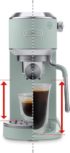 Machine à café De'Longhi Dedica - Acier inoxydable, pompe, pour café moulu ou dosettes, expresso et cappuccino, réservoir de 1,3 litre, système anti-gouttes, modèle EC685.M, couleur métal