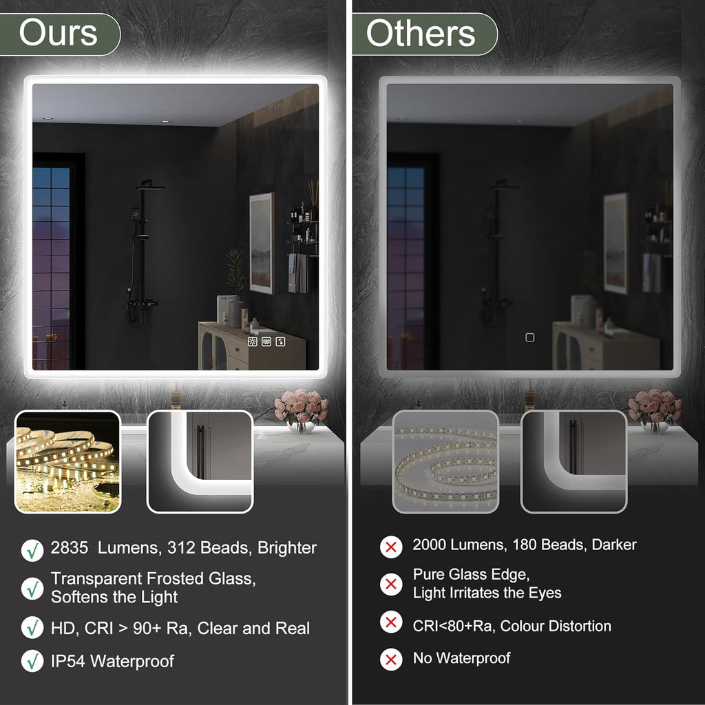 Miroir de salle de bain S'bagno avec éclairage 1200 x 700 mm, IP44, LED, Bluetooth, antibuée, 3 couleurs de lumière (3 000 K, 4 000 K, 6 500 K), intensité variable, mémoire, vertical ou horizontal. Miroirs de salle de bain avec LED.