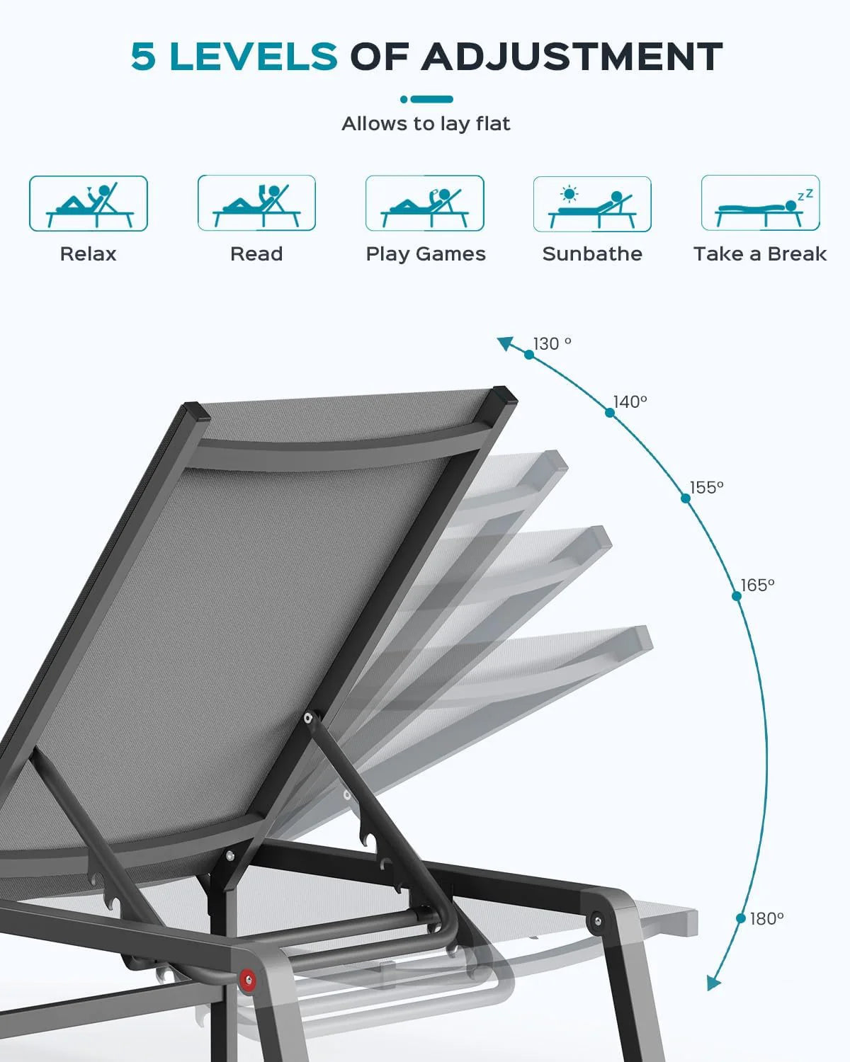 Chaise longue de jardin pliante en aluminium, sans montage, avec dossier réglable 5 positions, idéale pour terrasse, piscine et plage – Noir