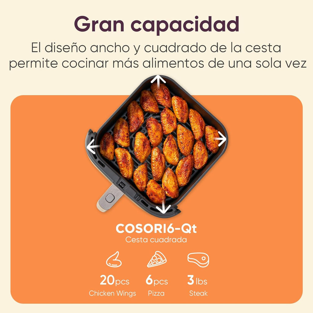 Friteuse à air Cosori Turbo Blaze 6 L, intérieur en métal véritable, moteur CC exclusif, 46 % plus rapide, température de 30 °C à 230 °C, idéale pour griller les viandes, programmes de cuisson complets, silencieux 27 dB