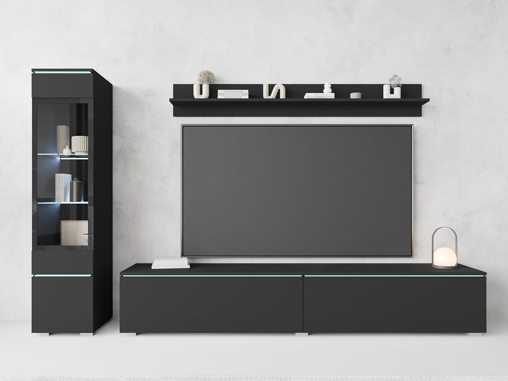 Ensemble de salon Piaski Vera I, éclairage LED en option, couleurs variées (béton/blanc brillant, sans éclairage LED)