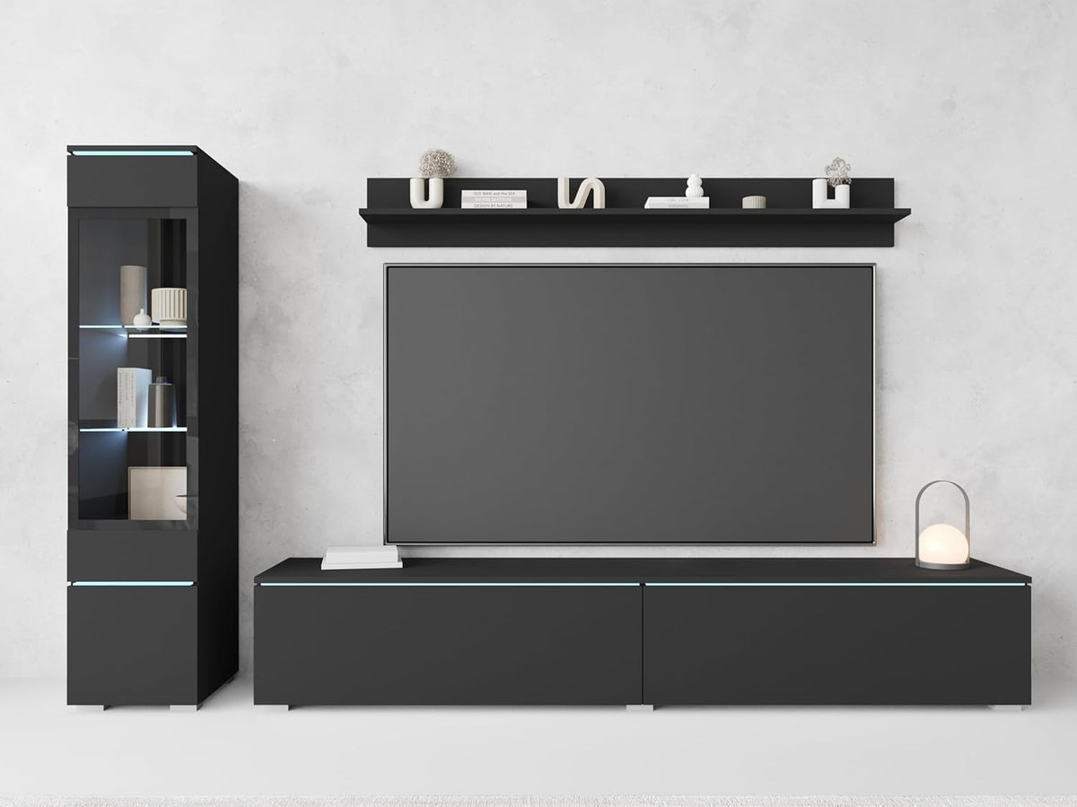 Ensemble de salon Piaski Vera I, éclairage LED en option, couleurs variées (béton/blanc brillant, sans éclairage LED)